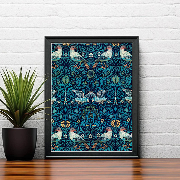 Classic William Morris Bird Woven Wool teal print, adding a charming vintage flair and rich botanical detail to warm living room arrangements, entryways, and traditional interior spaces.