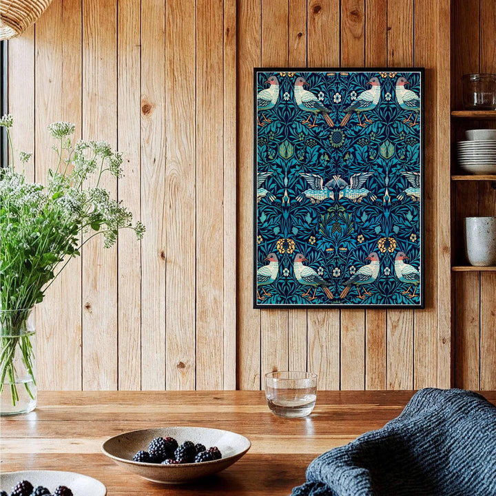 Detailed botanical artwork print displaying the famed Bird Woven Wool pattern by William Morris, expertly rendered to highlight historic textile elements and artistic craftsmanship for stylish home decor.