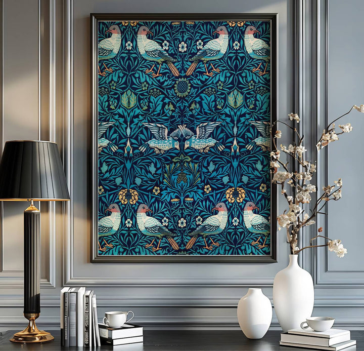 Historic artwork print of William Morris Bird Woven Wool, capturing stylized perching birds, golden sunflowers, and dense teal leaf backgrounds suited for bedroom, hallway, and study wall spaces.