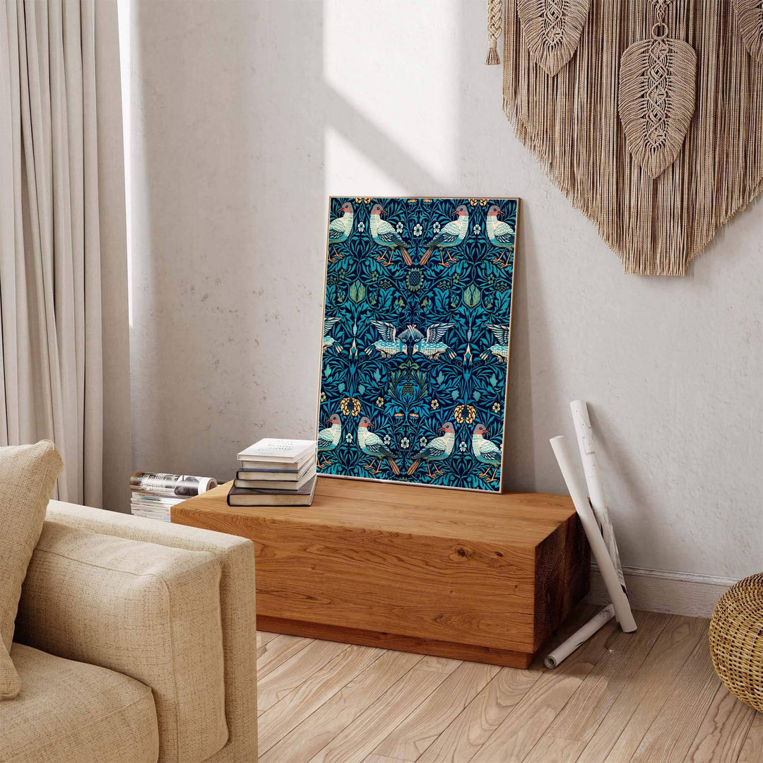 Timeless William Morris Bird Woven Wool botanical art print, combining fluid vintage movement with historic exhibition layout elements to suit versatile living room and dining room interior decorating themes.