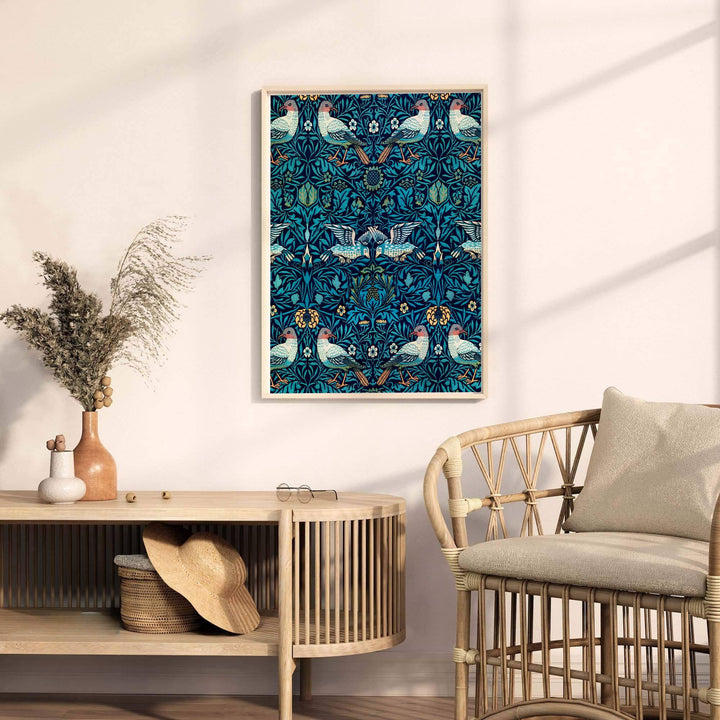 Vintage floral artwork print of William Morris Bird Woven Wool, providing a rich, tapestry-inspired touch to classic European, Victorian, and cottagecore home interior themes with organic pattern graphics.