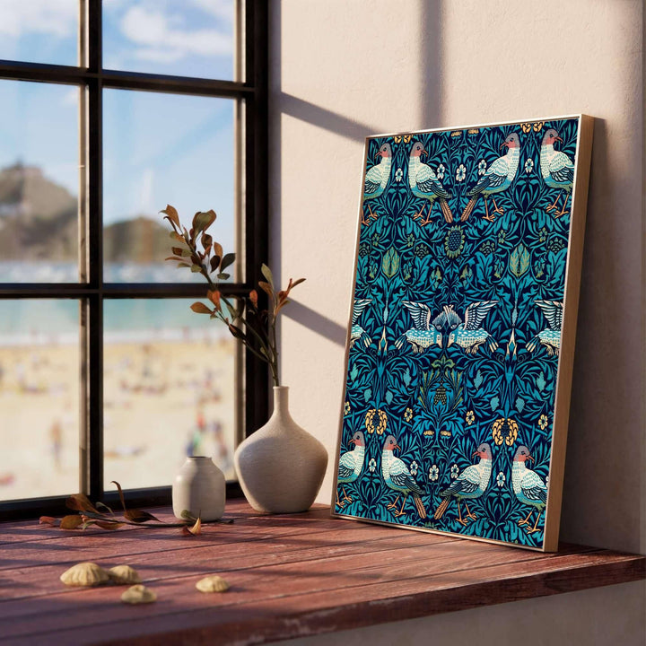 High definition graphic print of the renowned Bird Woven Wool design by William Morris, showcasing lush foliage details and deep teal turquoise tones for lasting aesthetic appeal in residential spaces.