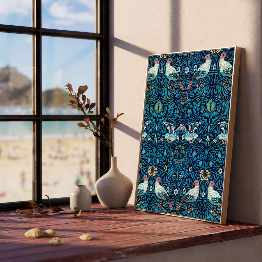 High definition graphic print of the renowned Bird Woven Wool design by William Morris, showcasing lush foliage details and deep teal turquoise tones for lasting aesthetic appeal in residential spaces.