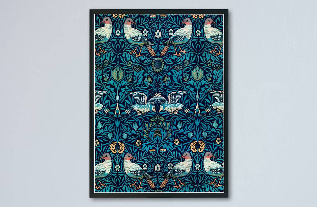 Decorative artwork print of William Morris Bird Woven Wool featuring dense leaf background fills, golden ochre highlights, and a clean layout suitable for luxury interior styling and wall displays.