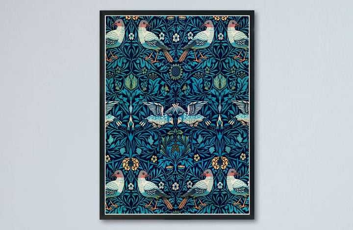 Decorative artwork print of William Morris Bird Woven Wool featuring dense leaf background fills, golden ochre highlights, and a clean layout suitable for luxury interior styling and wall displays.