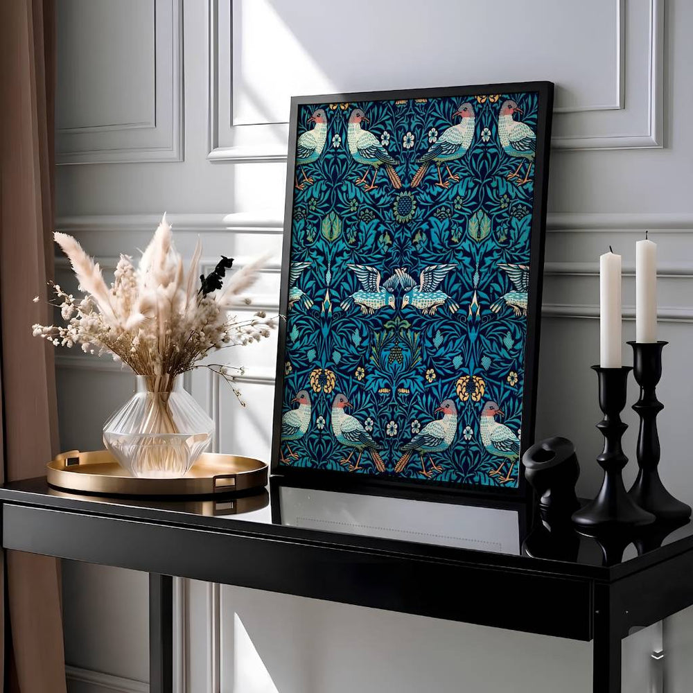 Elegant William Morris floral print capturing a vintage exhibition tapestry design with deep teal background and bird patterns to enhance traditional or modern home interior design.
