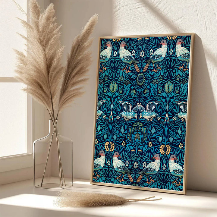 Authentic Arts and Crafts Bird Woven Wool design print by William Morris, bringing organic energy, refined English heritage art, and rich teal contrast into cozy home living spaces.
