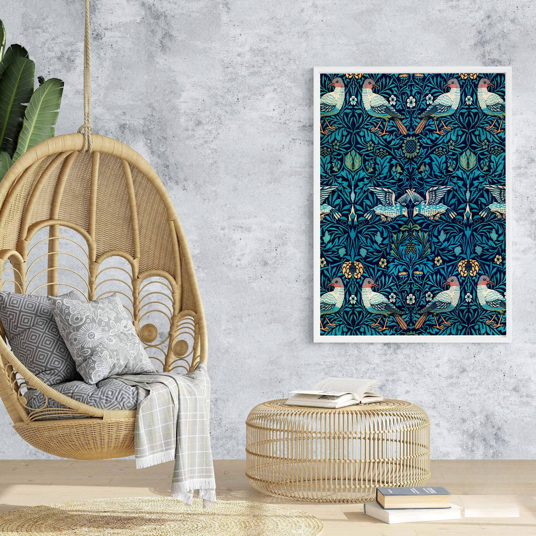 Sophisticated William Morris Bird Woven Wool floral poster print, designed to coordinate with jewel-toned home accents, teal blue colors, and tapestry inspired botanical wall art gallery layout compositions.