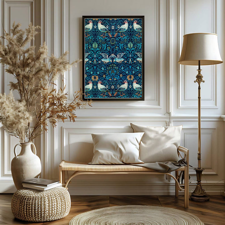 Fine graphic print featuring the detailed textile art of William Morris titled Bird Woven Wool, serving as a sophisticated centerpiece for Victorian, cottagecore, or jewel-toned room decor themes.