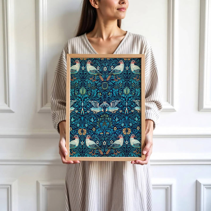 Fine graphic print featuring the detailed textile art of William Morris titled Bird Woven Wool, serving as a sophisticated centerpiece for Victorian, cottagecore, or jewel-toned room decor themes.