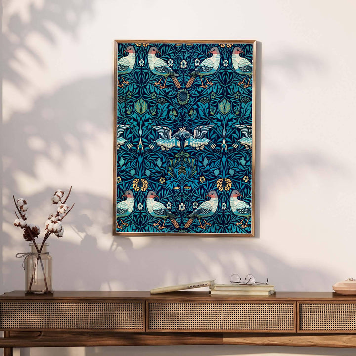 Archival visual print featuring William Morris Bird Woven Wool foliage patterns, offering clean borders and delicate bird figures suitable for home library, hallway, or study accent walls.