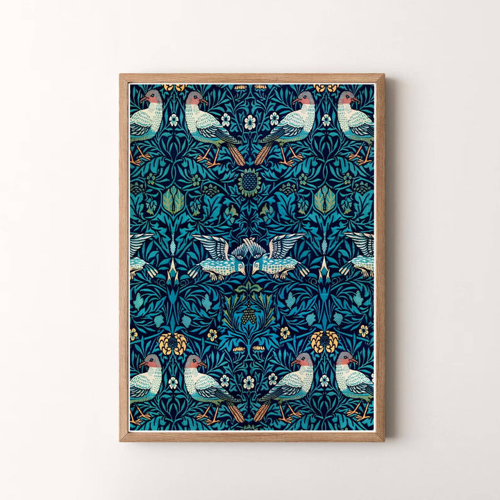 William Morris Bird Woven Wool Teal Tapestry Floral Exhibition Vintage Framed Art Poster