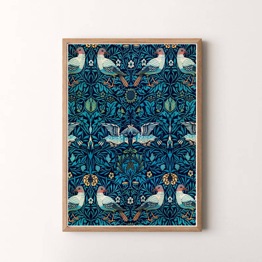 Teal floral bird tapestry art print with ornate pattern, framed in natural wood