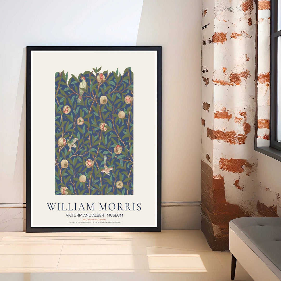 Archival William Morris Bird and Pomegranate print featuring classic Arts and Crafts Movement textile graphics, printed with vivid archival inks on premium paper for museum quality gallery displays.