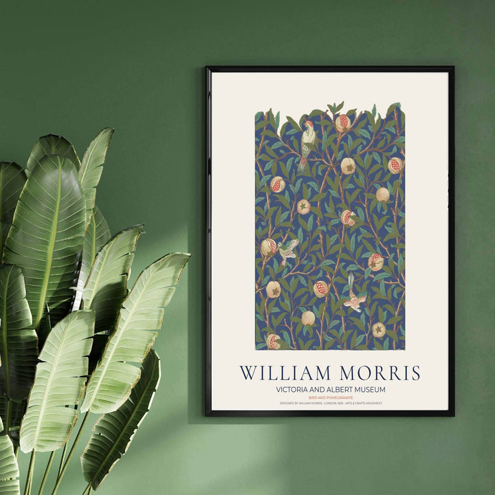 Premium heritage botanical print of the historic 1826 Bird and Pomegranate layout by William Morris, ideal for styling sophisticated interior spaces or building an eclectic vintage art poster collection across home rooms.