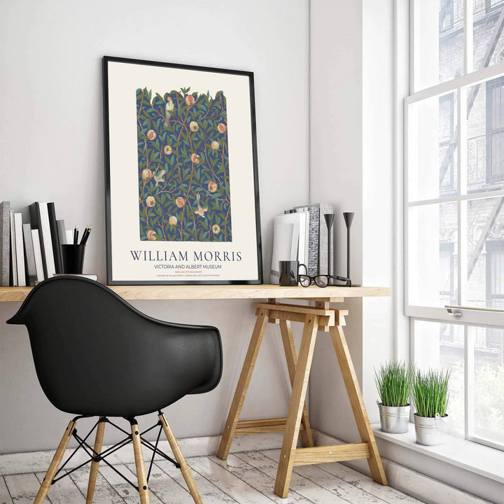 Beautiful Arts and Crafts Bird and Pomegranate motif print by William Morris, ideal for creating an artistic focal point in hallways, studies, or dining areas seeking classic British heritage visual charm.