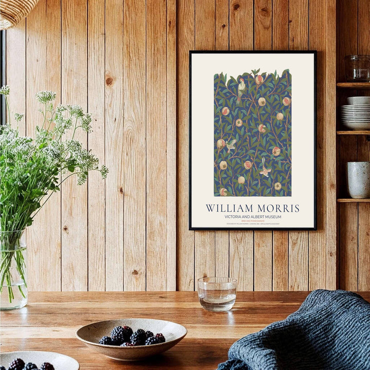 Detailed botanical artwork print displaying the famed Bird and Pomegranate pattern by William Morris, expertly rendered to highlight historic textile elements and artistic craftsmanship for stylish home decor.