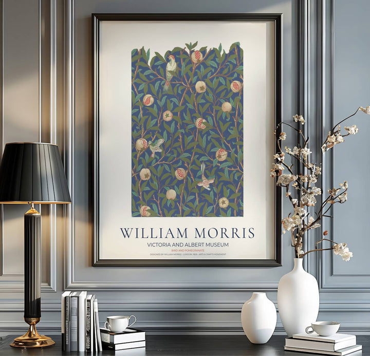 Sophisticated William Morris Bird and Pomegranate floral poster print, designed to coordinate with dark walls, navy blue tones, and moody botanical wall art gallery layout compositions.