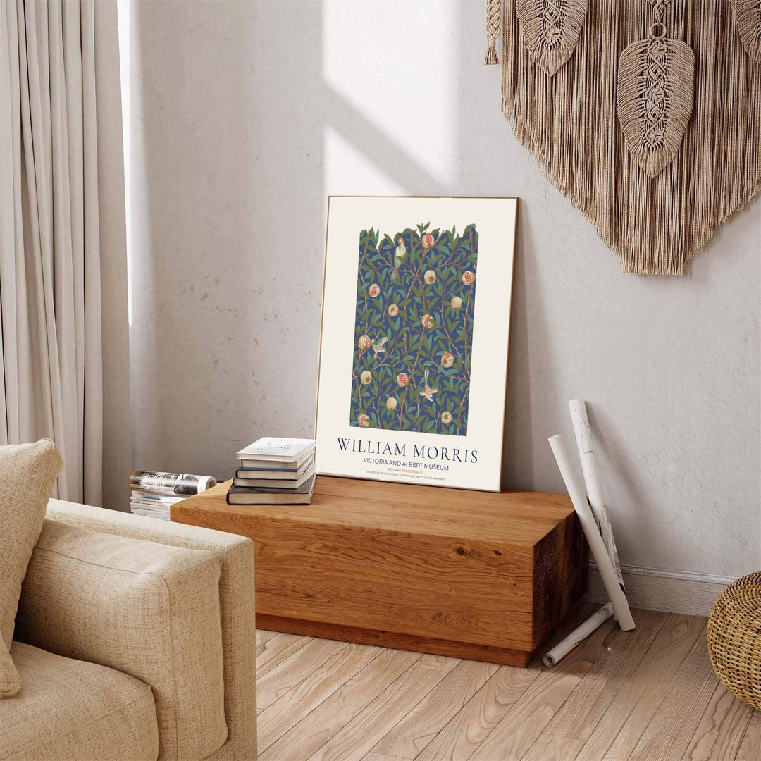Detailed botanical illustration print displaying the dense foliage movement, perching birds, and fruit tendrils of William Morris, perfect for dramatic wall arrangements and modern gallery collections.