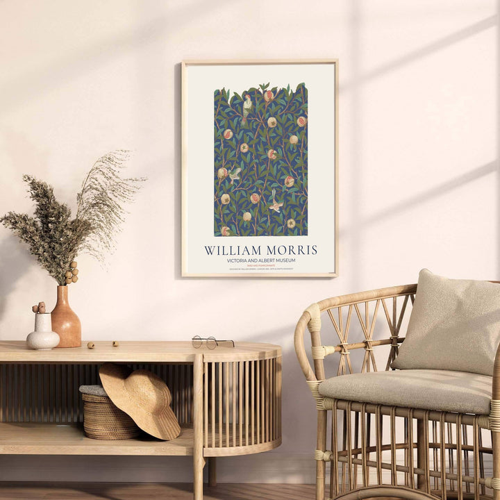 Vintage floral artwork print of William Morris Bird and Pomegranate, providing a rich, moody touch to classic European, Victorian, and cottagecore home interior themes with organic pattern graphics.