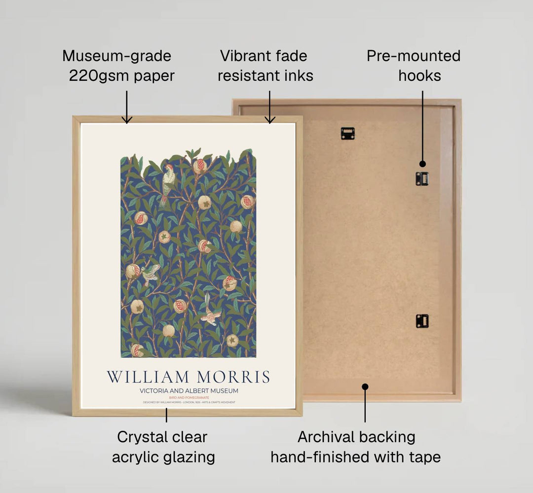 Historic poster print of the famous William Morris Bird and Pomegranate design, showing fine museum exhibition text at the base and full botanical artistry across the main sheet for decorative wall display.