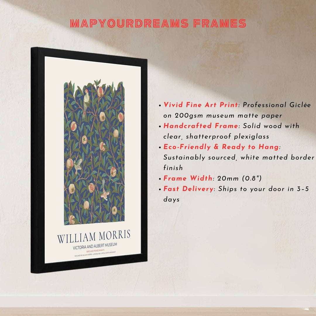 Decorative wall art print of William Morris Bird and Pomegranate navy poster set against a clean cream margin, bringing timeless vintage British botanical elegance into home interior spaces.