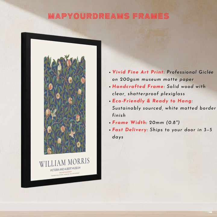 Decorative wall art print of William Morris Bird and Pomegranate navy poster set against a clean cream margin, bringing timeless vintage British botanical elegance into home interior spaces.