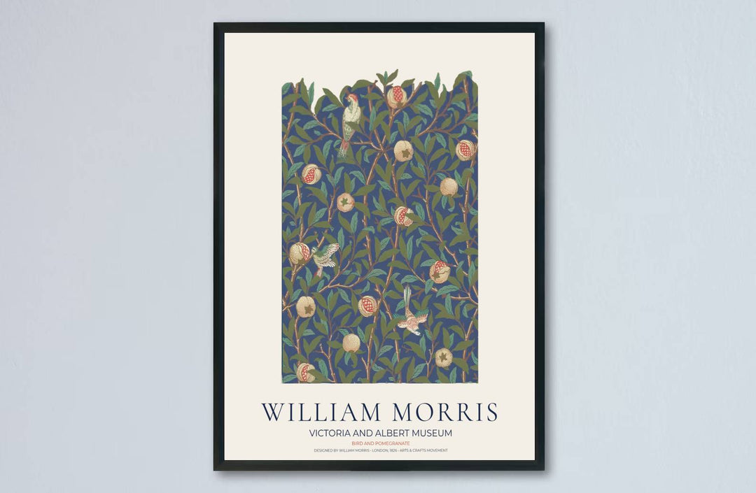 High quality art print showing William Morris Bird and Pomegranate vintage botanical artwork, meticulously produced to ensure long lasting color stability and stunning visual appeal in modern home interiors.