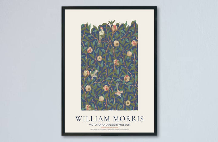 High quality art print showing William Morris Bird and Pomegranate vintage botanical artwork, meticulously produced to ensure long lasting color stability and stunning visual appeal in modern home interiors.