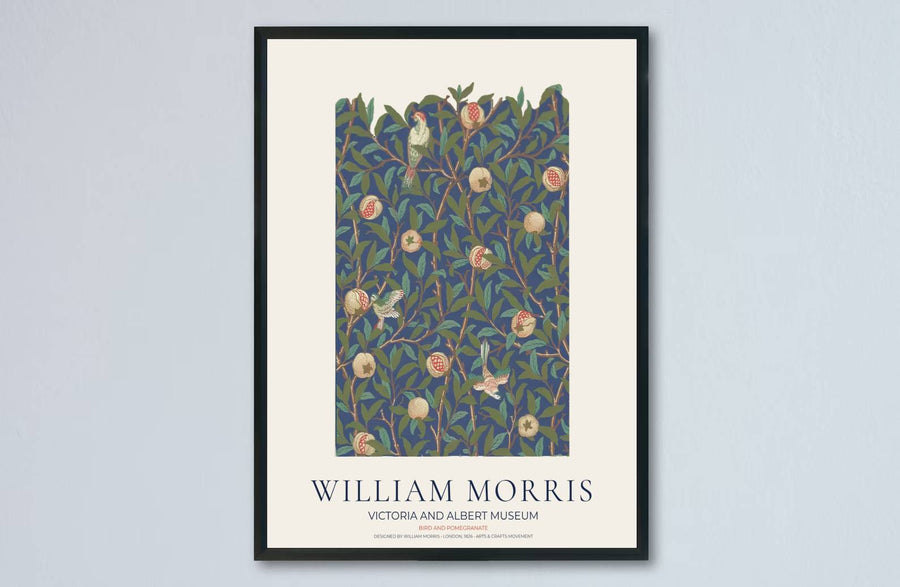 High quality art print showing William Morris Bird and Pomegranate vintage botanical artwork, meticulously produced to ensure long lasting color stability and stunning visual appeal in modern home interiors.