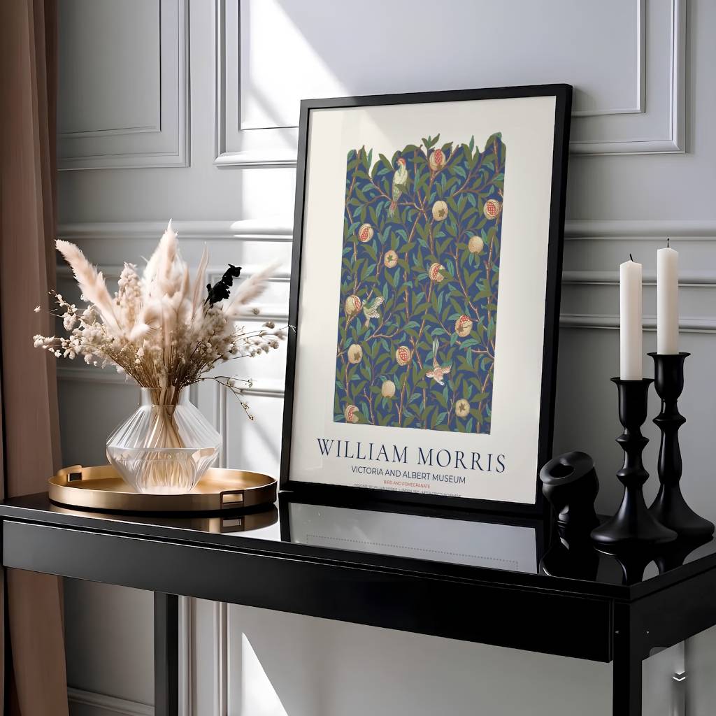 Elegant William Morris floral print capturing an 1826 vintage exhibition design with deep navy blue background and pomegranate motifs to enhance traditional or modern home interior design.