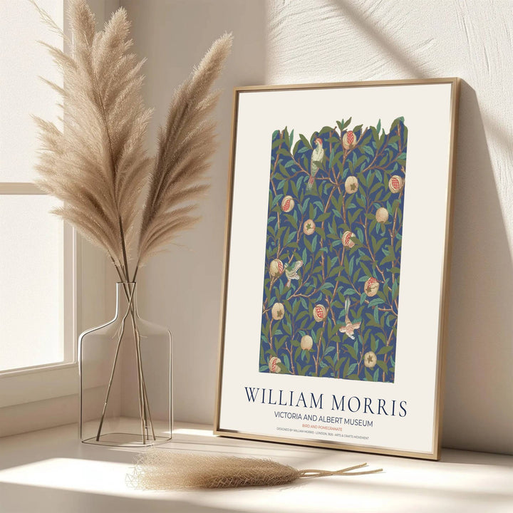 Elegant art print reproduction of the classic Bird and Pomegranate artwork by William Morris, ideal for flexible decor setups and tailored color schemes across traditional, transitional, or moody interiors.
