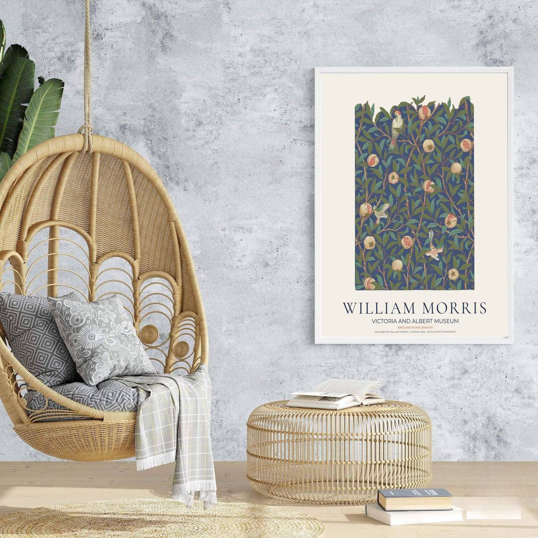 Authentic Arts and Crafts Bird and Pomegranate design print by William Morris, bringing organic energy, refined English heritage art, and rich navy blue contrast into cozy home living spaces.