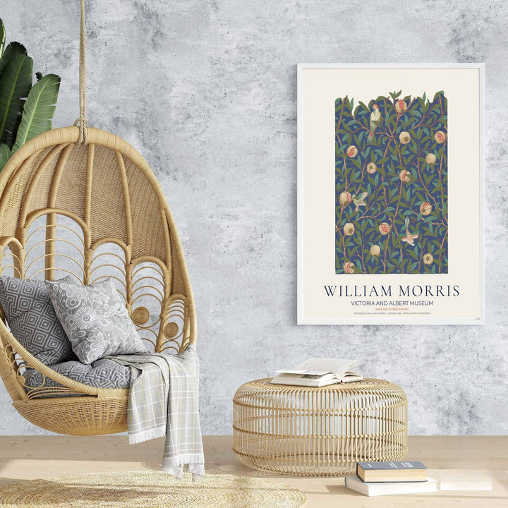Authentic Arts and Crafts Bird and Pomegranate design print by William Morris, bringing organic energy, refined English heritage art, and rich navy blue contrast into cozy home living spaces.