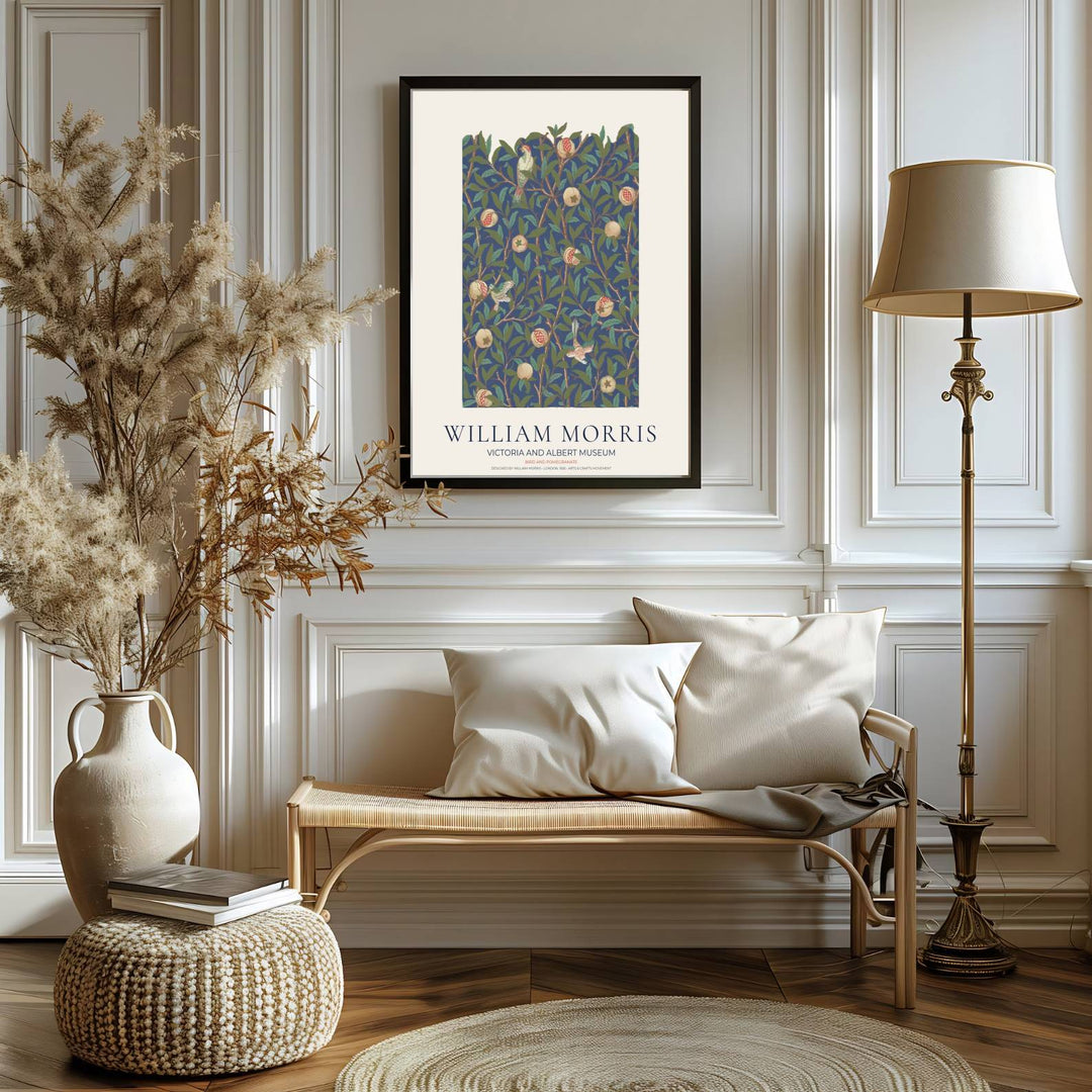 Fine graphic print featuring the detailed textile art of William Morris titled Bird and Pomegranate, serving as a sophisticated centerpiece for Victorian, dark academia, or moody room decor themes.