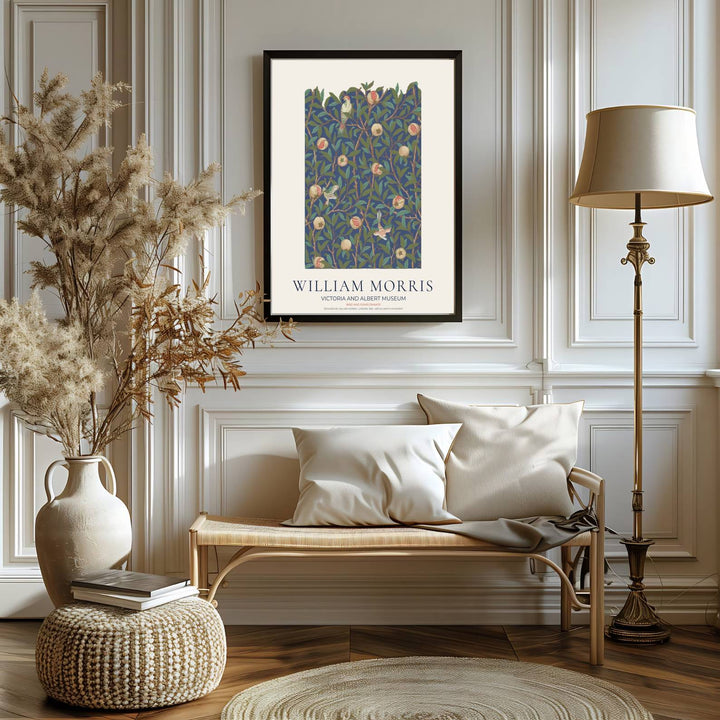 Fine graphic print featuring the detailed textile art of William Morris titled Bird and Pomegranate, serving as a sophisticated centerpiece for Victorian, dark academia, or moody room decor themes.