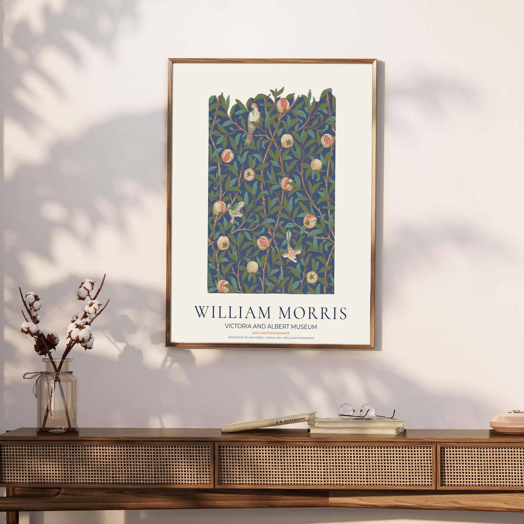 Timeless William Morris Bird and Pomegranate floral artwork print, blending vintage English pattern design with high definition detailing for striking wall decoration across modern residential spaces.