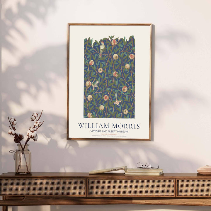 Timeless William Morris Bird and Pomegranate floral artwork print, blending vintage English pattern design with high definition detailing for striking wall decoration across modern residential spaces.