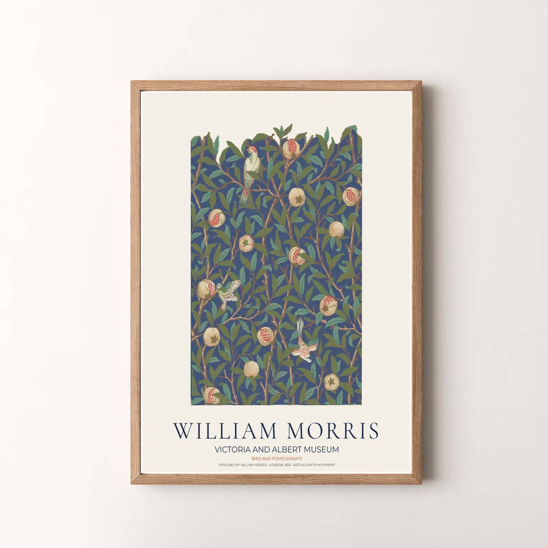 Museum quality visual print of William Morris Bird and Pomegranate displaying historical bird and tapestry graphics, ideal for traditional home collections and art displays.