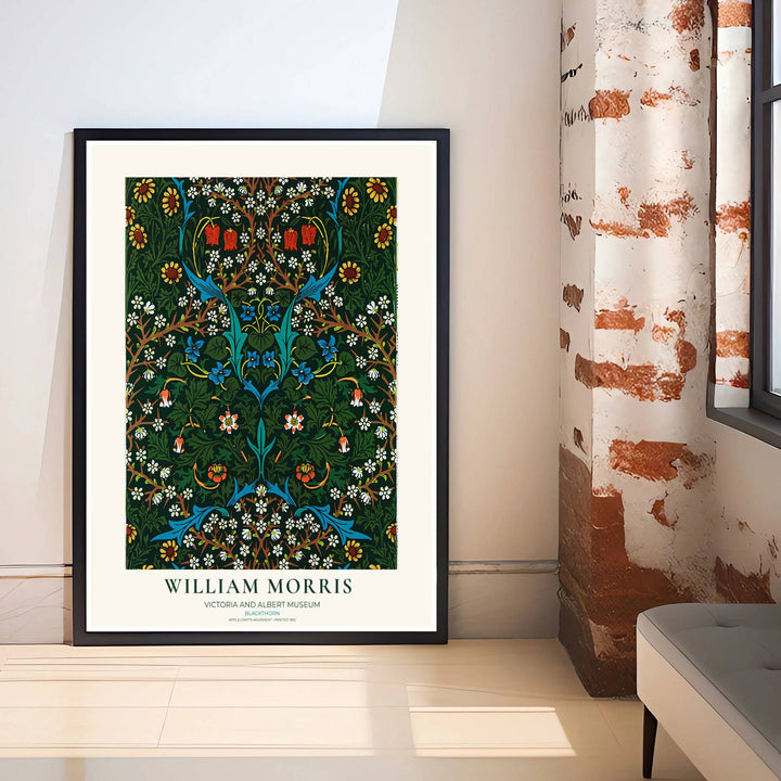 Detailed artwork print rendition of the iconic William Morris Blackthorn poster, highlighting rich forest green, royal blue, golden yellow, and white tones ideal for moody bedroom focal points.