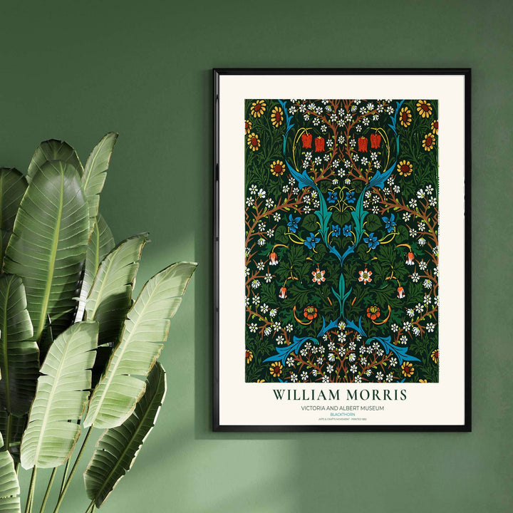 Fine art print showcasing the intricate wildflower and branch detailing of William Morris Blackthorn, offering a rich aesthetic with deep green background for living room decor.