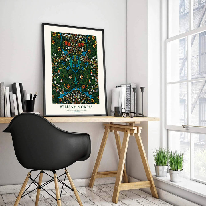 Archival William Morris Blackthorn print featuring classic Arts and Crafts Movement textile graphics, printed with vivid archival inks on premium paper for museum quality gallery displays.