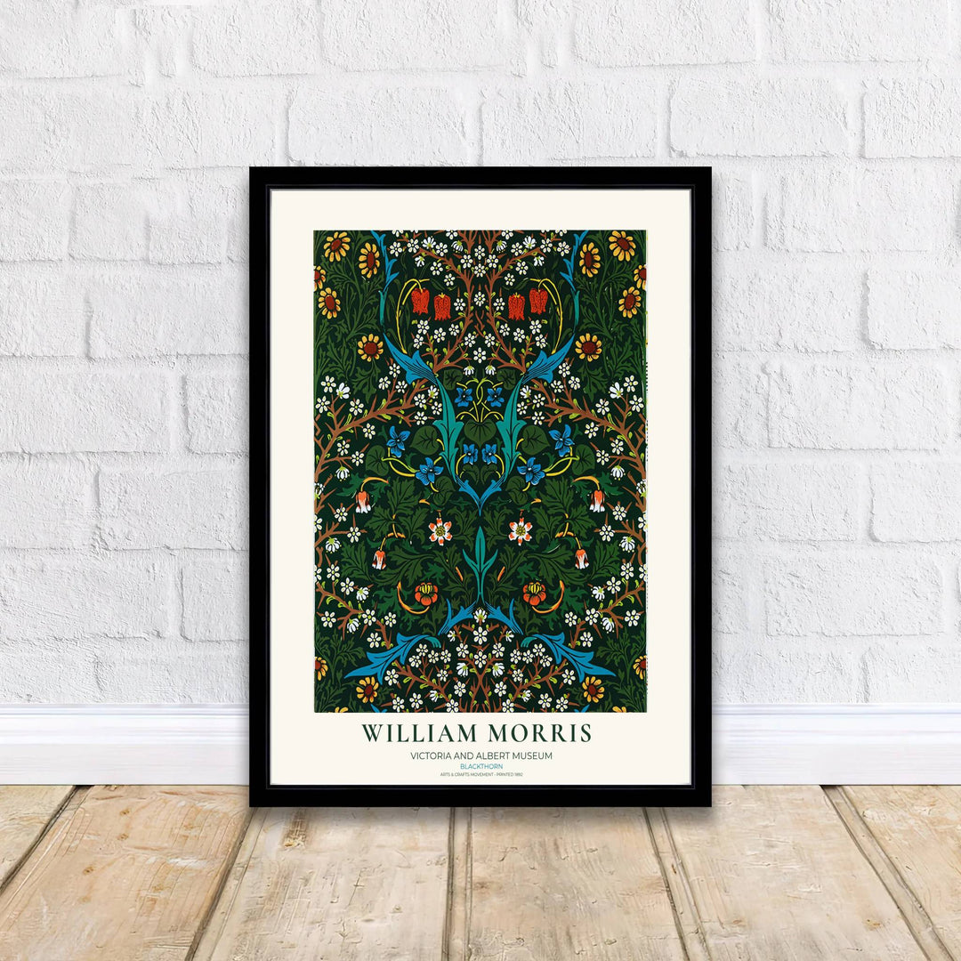 Premium heritage botanical print of the historic 1892 Blackthorn layout by William Morris, ideal for styling sophisticated interior spaces or building an eclectic vintage art poster collection across home rooms.