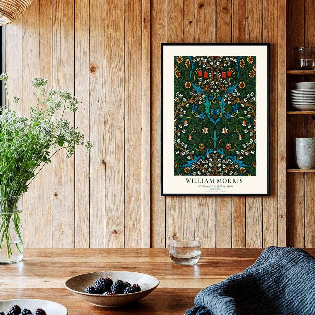 Detailed botanical artwork print displaying the famed Blackthorn pattern by William Morris, expertly rendered to highlight historic textile elements and artistic craftsmanship for stylish home decor.