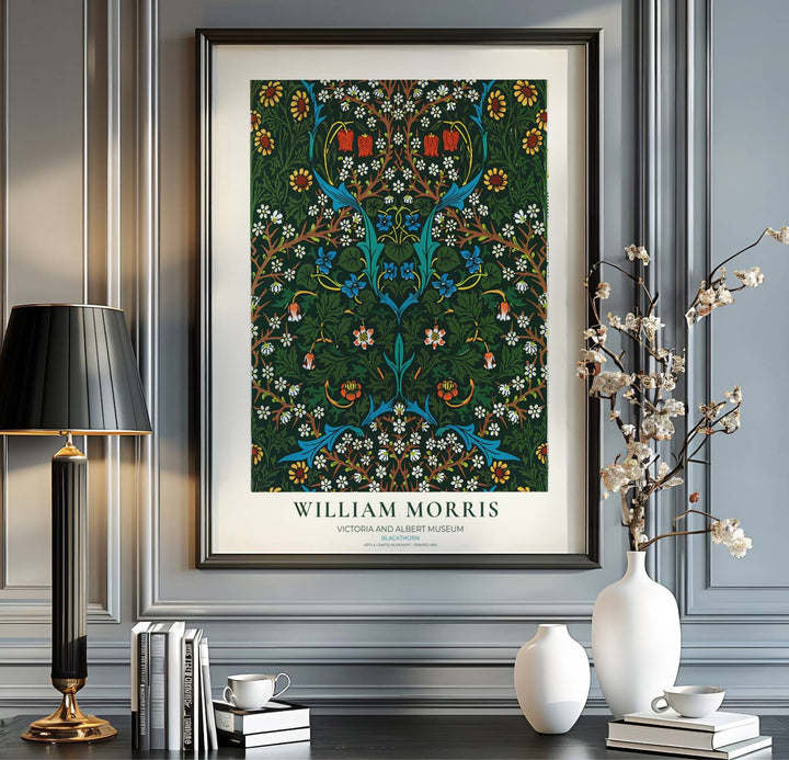 Sophisticated William Morris Blackthorn floral poster print, designed to coordinate with dark walls, forest green tones, and moody botanical wall art gallery layout compositions.