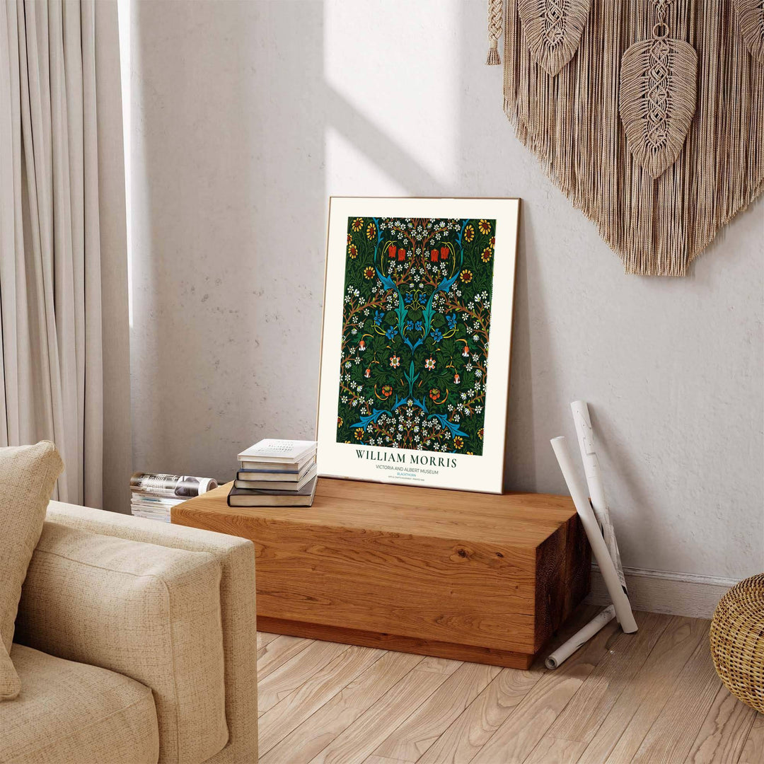 Vintage floral artwork print of William Morris Blackthorn, providing a rich, moody touch to classic European, Victorian, and cottagecore home interior themes with organic pattern graphics.