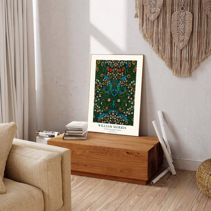 Vintage floral artwork print of William Morris Blackthorn, providing a rich, moody touch to classic European, Victorian, and cottagecore home interior themes with organic pattern graphics.