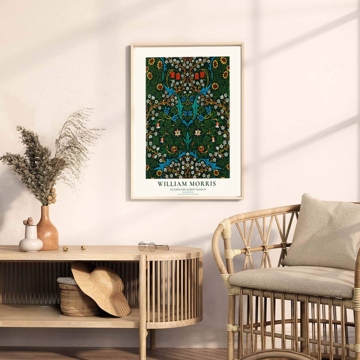 Historic artwork print of William Morris Blackthorn, capturing white blackthorn flowers, blue forget-me-nots, and dense foliage backgrounds suited for bedroom, library, and office wall spaces.
