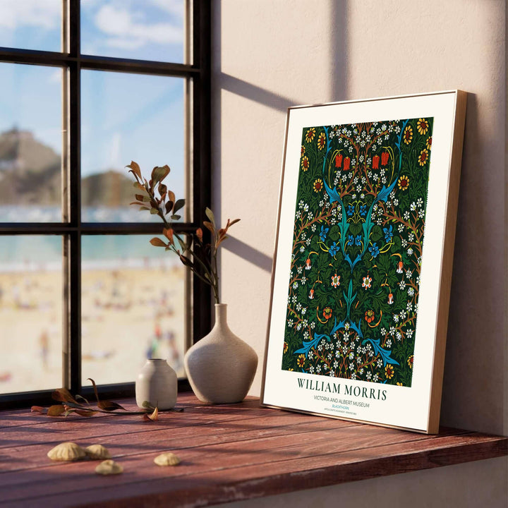 Detailed botanical illustration print displaying the dense foliage movement, flowering blackthorn tendrils, and red tulip accents of William Morris, perfect for dramatic wall arrangements.