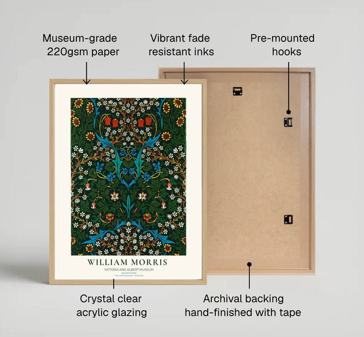 High definition graphic print of the renowned Blackthorn design by William Morris, showcasing lush foliage details and deep forest green tones for lasting aesthetic appeal in residential spaces.